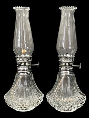 Vintage 1960s Lamplight Farms Small Oil Lamp Set (2) Petite Bordeaux Clear